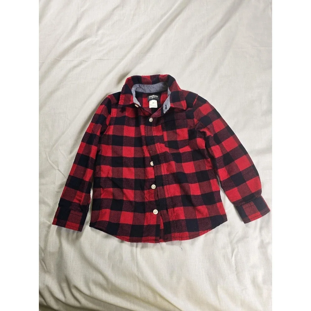 OshKosh Bgosh Long Sleeve Shirt Boys 3T Red Black Plaid Flannel Button Front Top